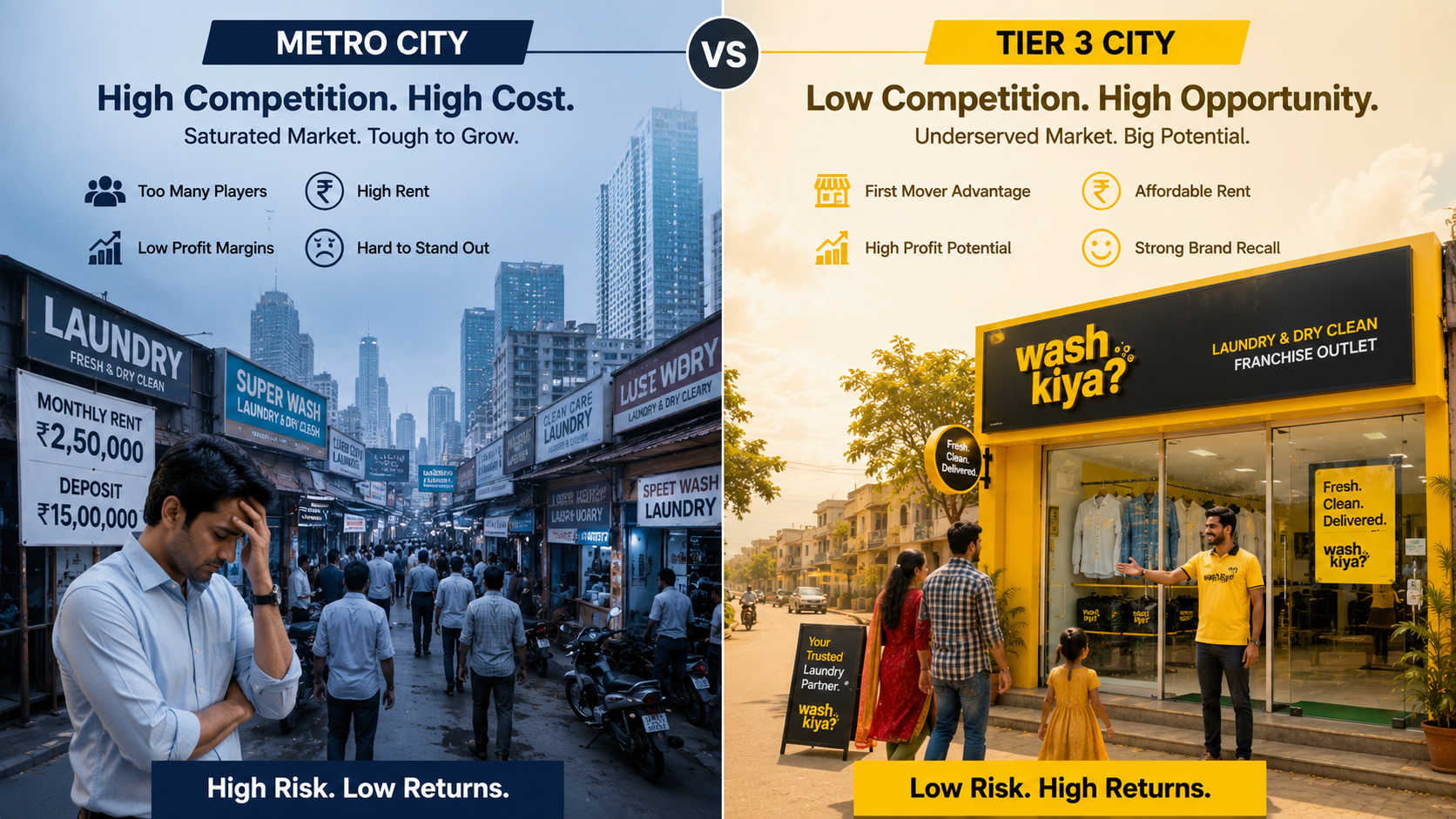 Best business for Tier 3 cities in India - Wash Kiya laundry franchise opportunity in small towns