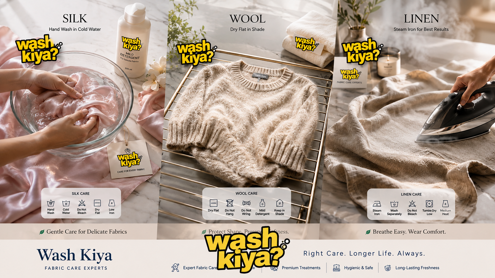 Complete guide to caring for silk, wool, and linen fabrics - Wash Kiya laundry experts